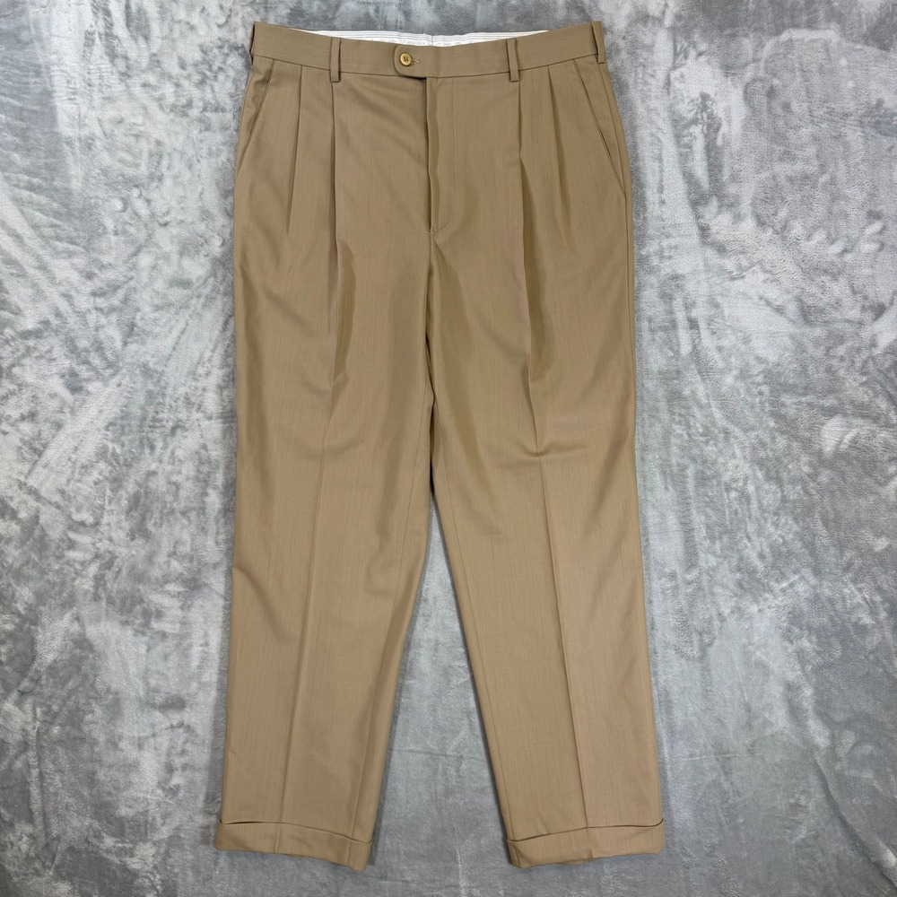 Zanella Bennett Pleated Dress Pants Men's Size 36 x 32 Tan Wool Cuffed